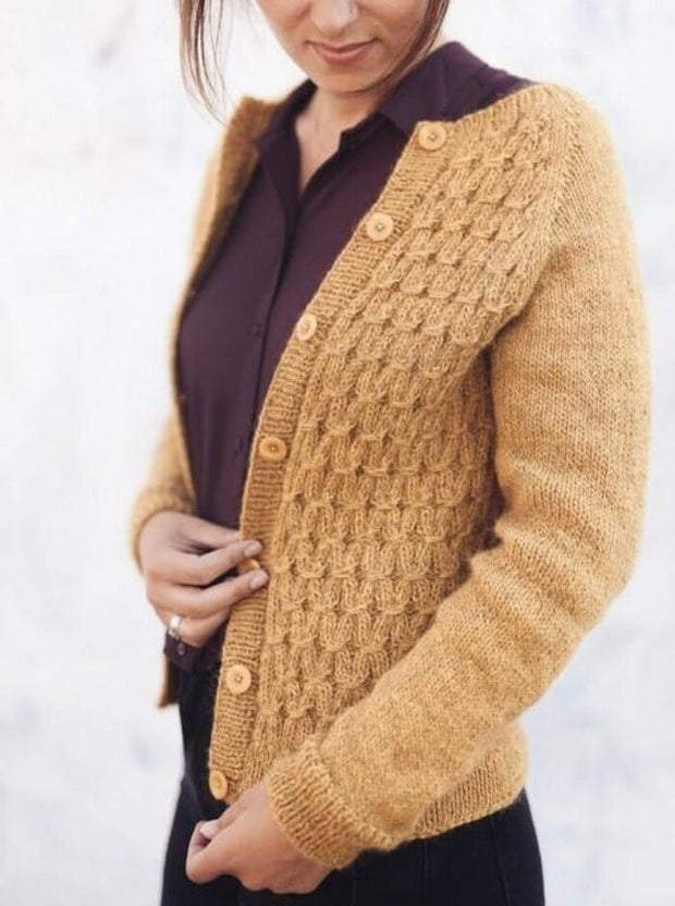 Klassisk Smock cardigan fra Petiteknit, gul, strikket cardigan