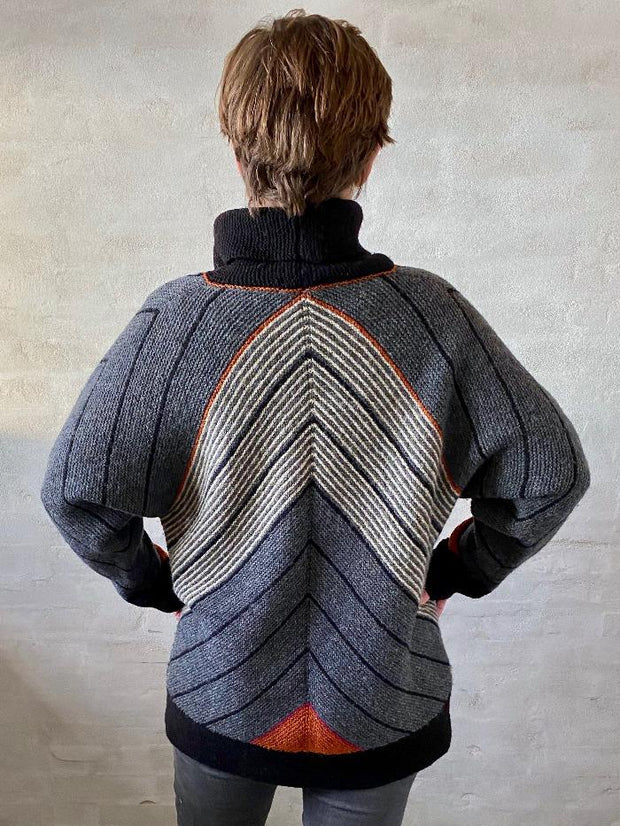 Profil sweater af Hanne Falkenberg, strikkekit | 75 Grå, 71 Sort, 01 Vinterhvid, 08 Orange, 59 Fuchsia