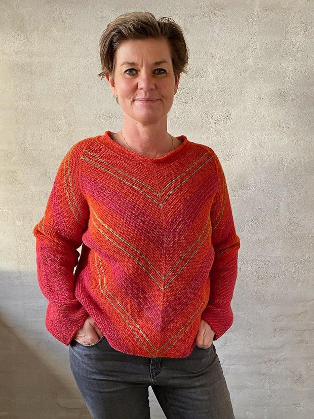 Vivi sweater af Hanne Falkenberg, strikkekit | 08 Orange, 59 Fuchsia, 30 Lindegrøn