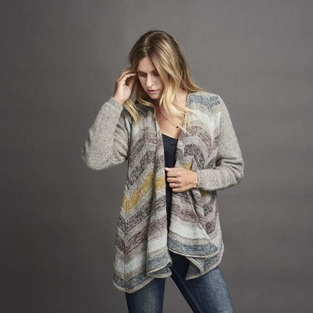 Dione knitted cardigan with drapes at the front, grey with stripes in dusty, blue, yellow and purple colors, made in Isager Alpaca and Spinni wool, the front