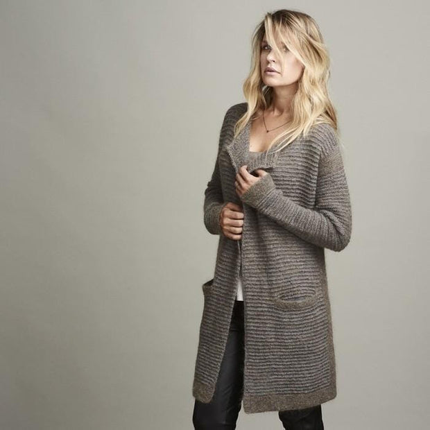 Dakkar long, open and cozy knitted cardigan with narrow grey and brown stripes, made in Isager Alpaca, Highland wool and silk mohair, the front